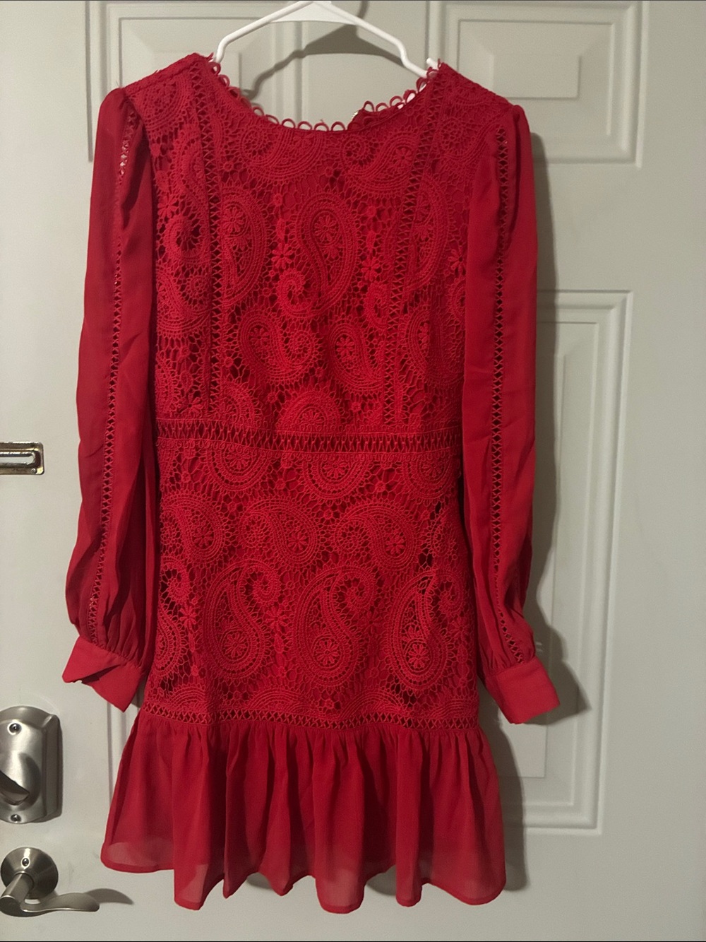 Pink Lily Red Long Sleeve Crochet Paisley Mini Dress